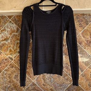 Bebe Black Cut Out Shoulder Long Sleeve Sweater with Silver Metallic Yarn Size M